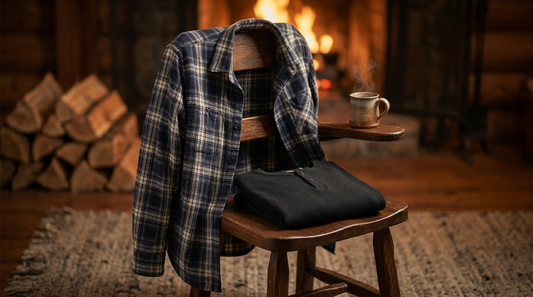 Navy plaid flannel shacket over a chair with a waffle henley