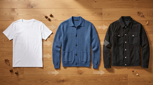 Three fall layers arranged in sequence: tee, cardigan, suede jacket