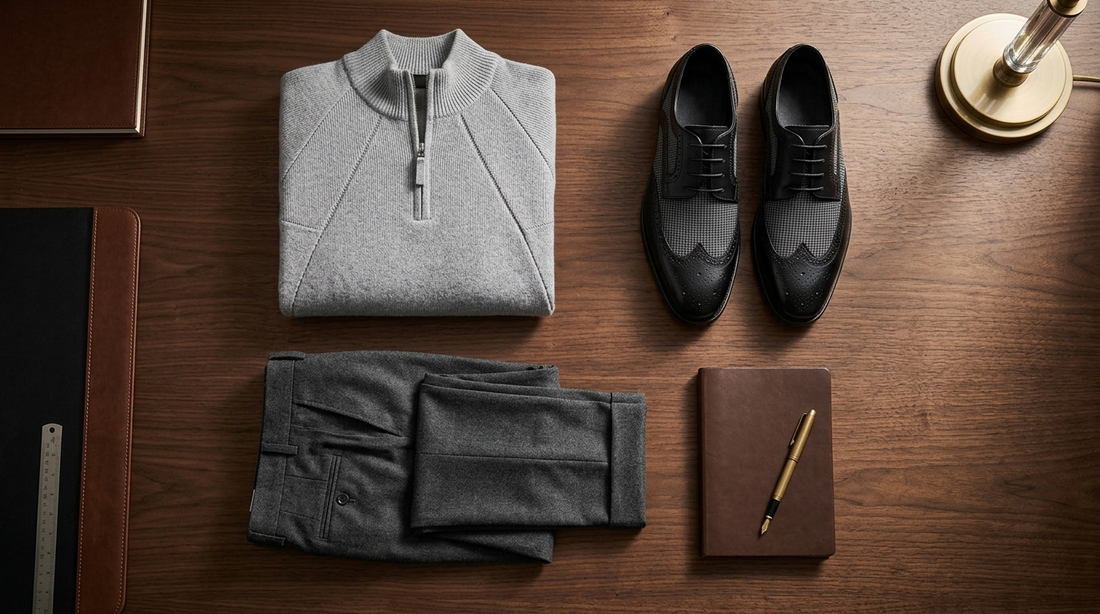 Zip collar sweater, wingtip brogues and grey trousers arranged on a dark desk