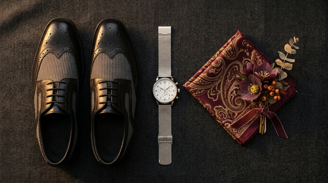 Wingtip brogues and chronograph watch on charcoal suiting fabric