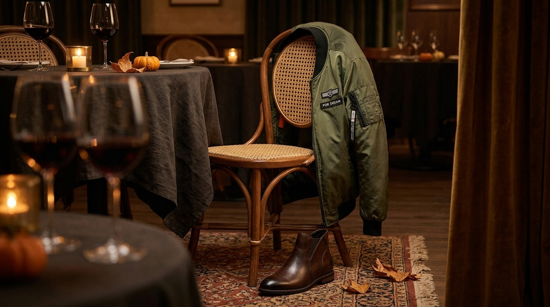 Chelsea boots and bomber jacket beside a candlelit bistro table