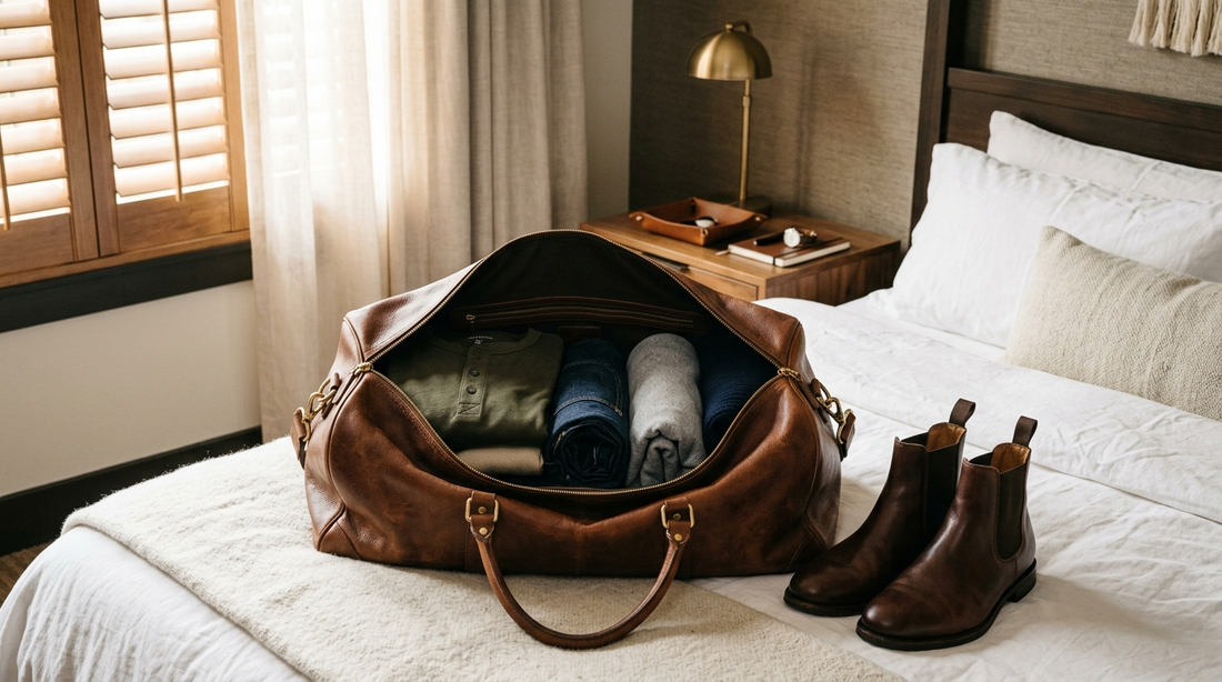 Open leather duffel packed on a hotel bed with boots beside it