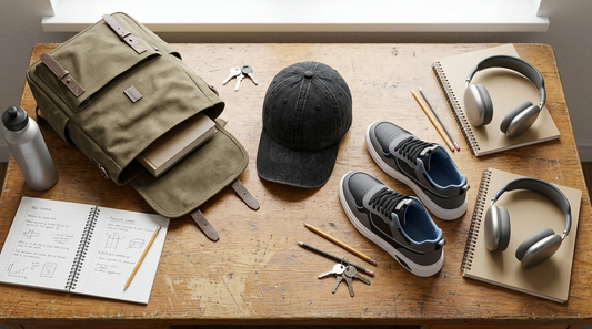 Skate sneakers, dad cap and backpack on a dorm desk