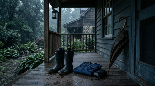 Rain boots and windbreaker on a covered porch during rain
