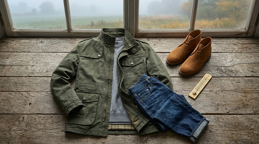 Field jacket, knit and desert boots arranged for a cool fall morning