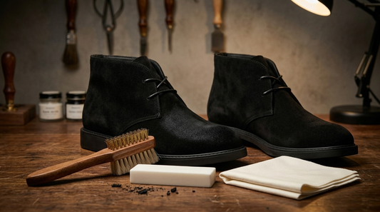 Suede desert boots on a workbench with suede brush and eraser
