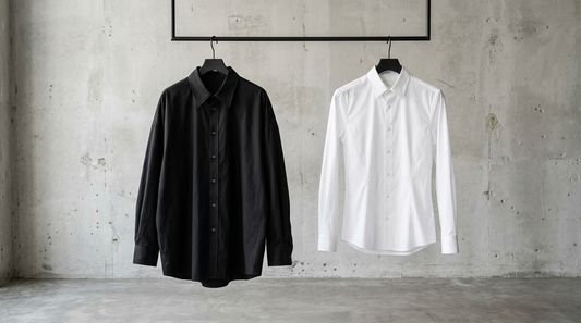 Black oversized shirt on a hanger beside a slim shirt for contrast