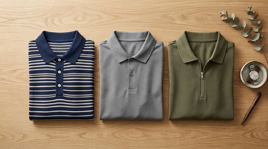 Three folded polo shirts showing collar and placket details