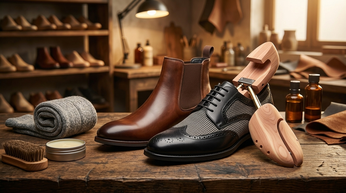 Wingtip oxford with cedar shoe tree and Chelsea boot on a workbench