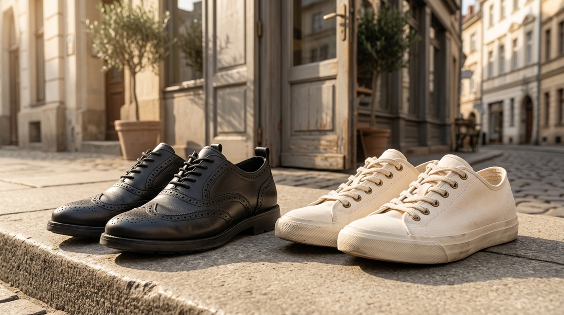 Black oxford sneakers and canvas low-tops on a sunlit cafe step