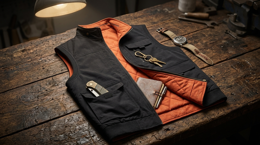 Black multi-pocket cargo vest laid open on a workbench with everyday carry items
