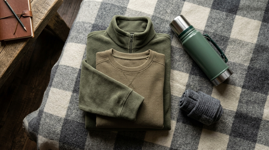 Olive fleece jacket and khaki waffle pullover folded on a wool blanket