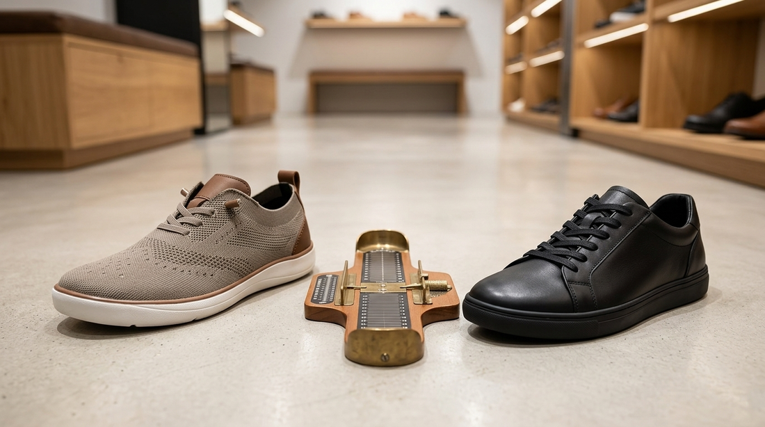 Wide-fit walking shoe and leather sneaker beside a foot measuring device