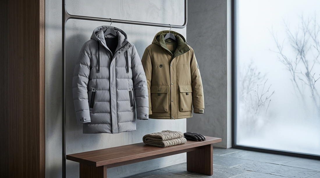 Grey long puffer coat and khaki parka hanging by a frosted window