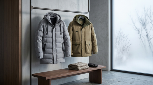 Grey long puffer coat and khaki parka hanging by a frosted window