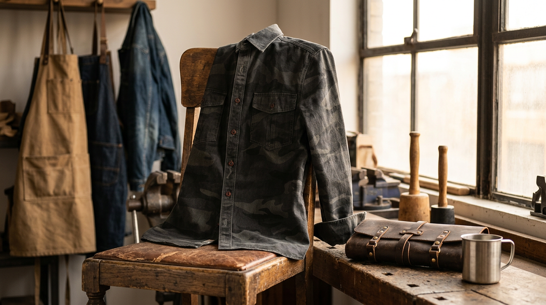 Heavyweight work shirt draped over a wooden stool beside a leather tool roll