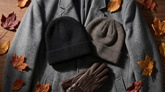 Black knit beanies laid on a grey wool coat with leather gloves