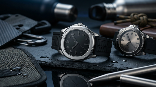 Bold-dial black sport watch on dark slate with water droplets