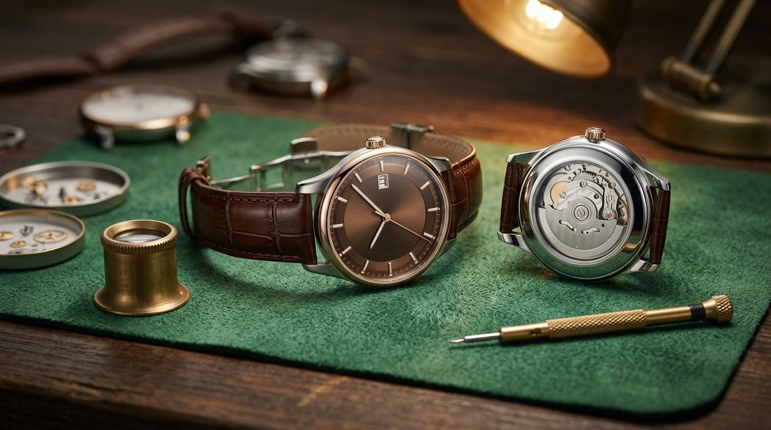 Two-tone automatic watch on a watchmaker's mat with loupe and screwdriver