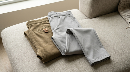 Slim stretch pants folded beside khaki corduroy trousers on a linen cushion
