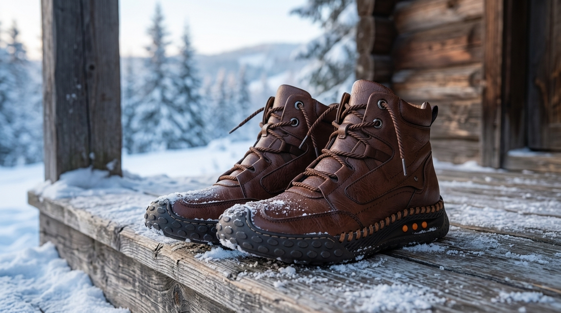Brown lugged-sole winter boots on a snow-dusted porch step