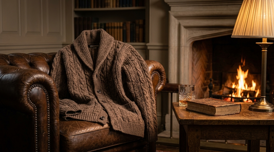 Chunky shawl collar cardigan draped over a leather armchair by a fireplace