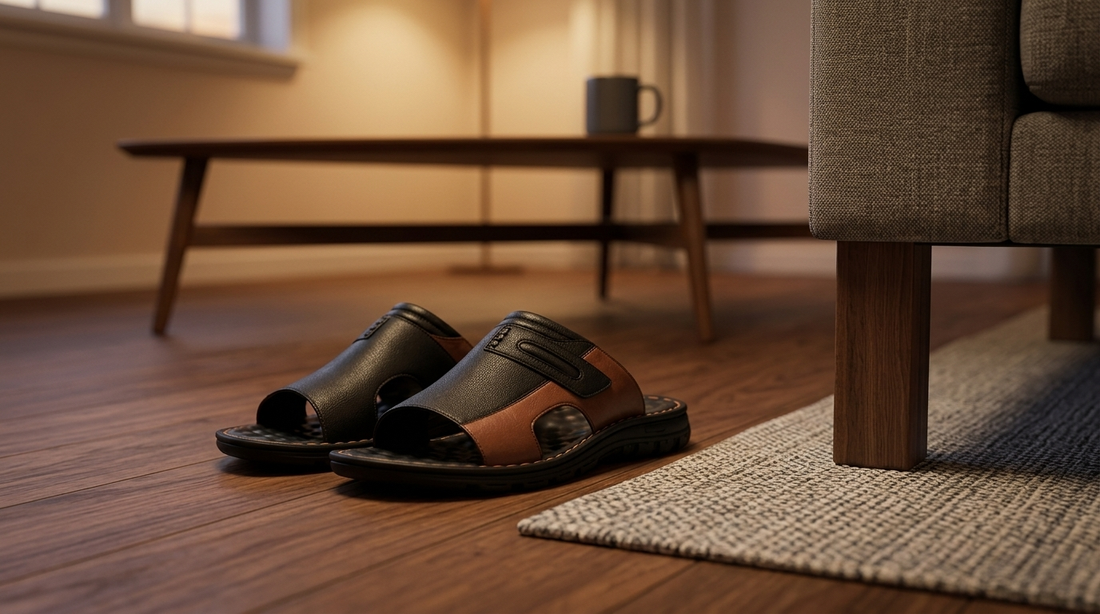 Black two-tone slides on a hardwood floor beside a sofa and wool rug