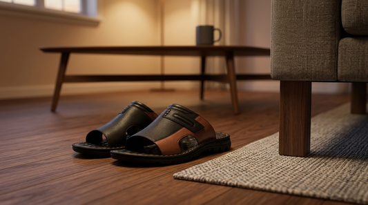 Black two-tone slides on a hardwood floor beside a sofa and wool rug