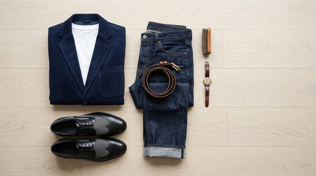 Navy blazer, dark jeans, brogues and belt laid out as an outfit on oak floor