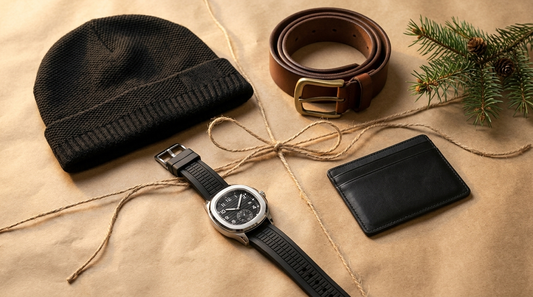 Sport watch, beanie, leather belt and wallet on kraft wrapping paper with twine