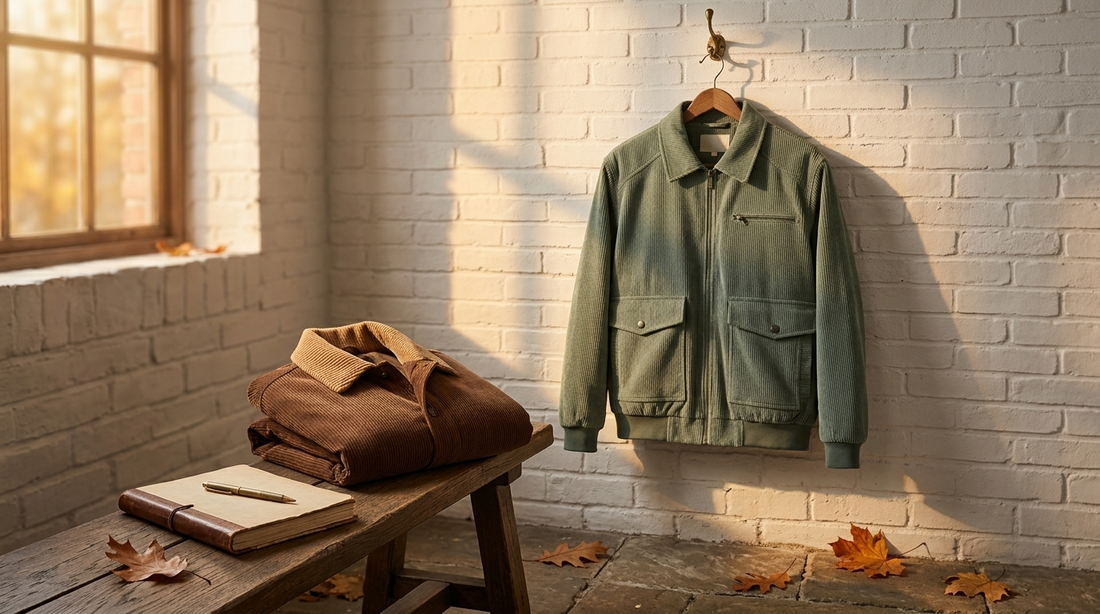 Green vintage corduroy jacket hanging on a brass hook against whitewashed brick