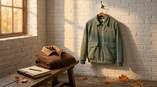 Green vintage corduroy jacket hanging on a brass hook against whitewashed brick