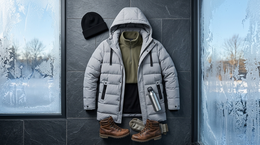 Grey puffer coat, olive fleece, beanie and boots laid out as a layered outfit