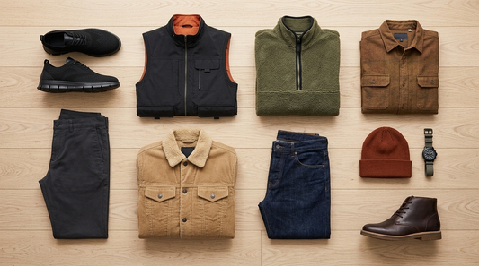 Grid of folded earth-tone menswear: sneakers, vest, fleece, shirt, pants, jacket, beanie and watch