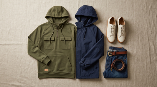 Flap-pocket hoodie laid beside a navy hooded jacket and leather sneakers on linen