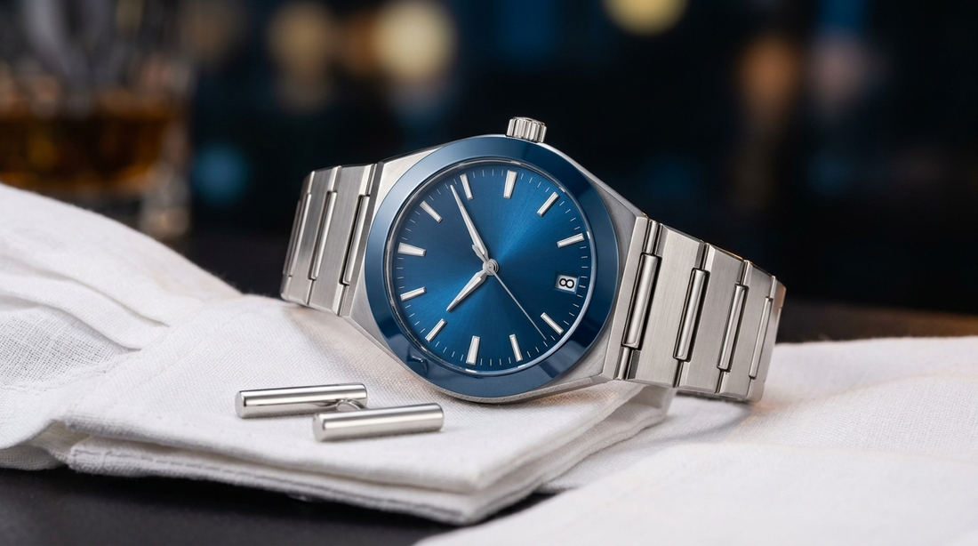 Slim blue-dial dress watch with Roman bezel on a folded white shirt cuff