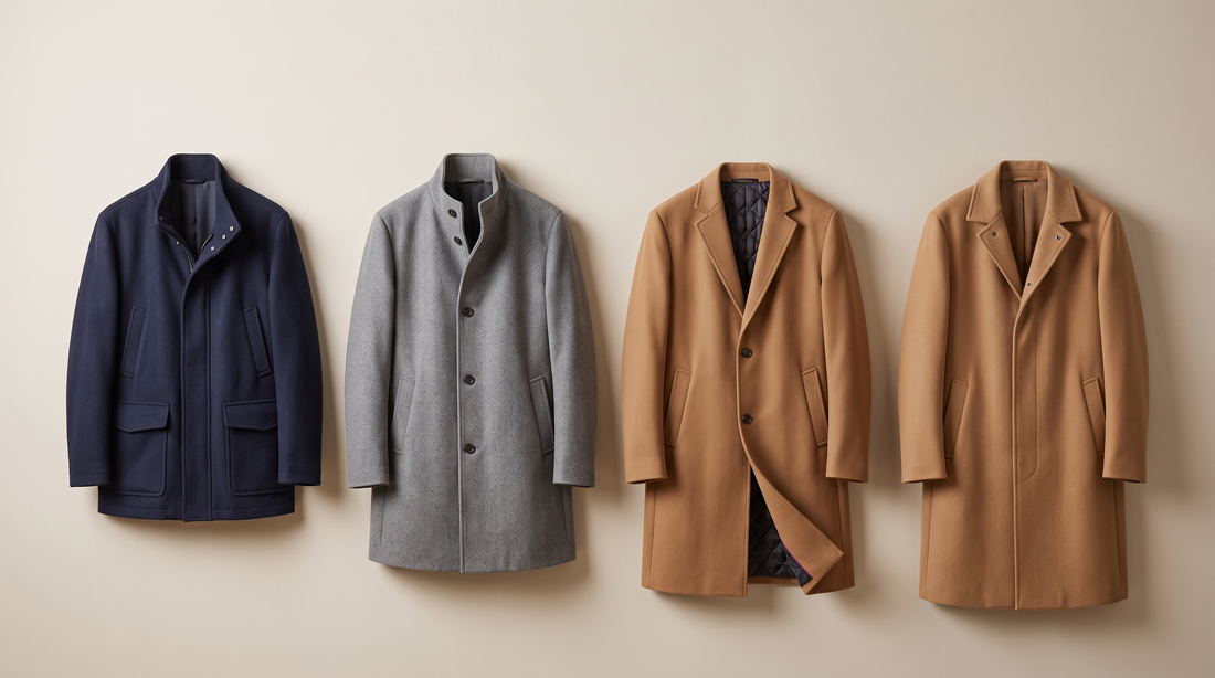 Four men's wool overcoats hanging in a row by length: navy hip length, grey funnel neck, tan knee-length quilted lining and camel double-faced wool