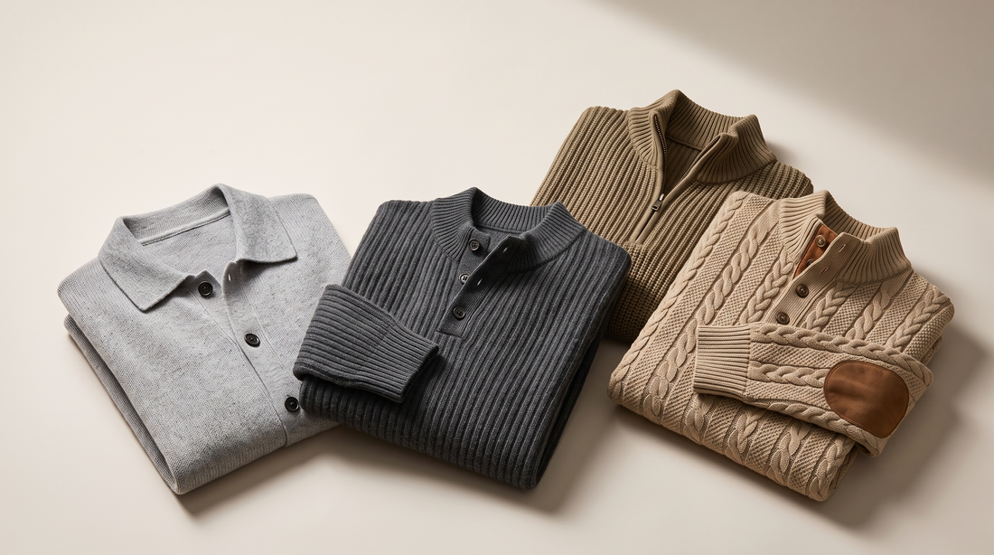 Four men's knits folded: a grey merino cardigan, a dark grey ribbed cashmere sweater, a khaki rib zip-neck sweater and a beige cable knit henley