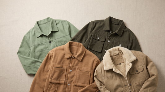 Four men's fall layering jackets: a green washed chore jacket, an army green canvas trucker, a brown corduroy work jacket and a khaki fleece-lined canvas jacket