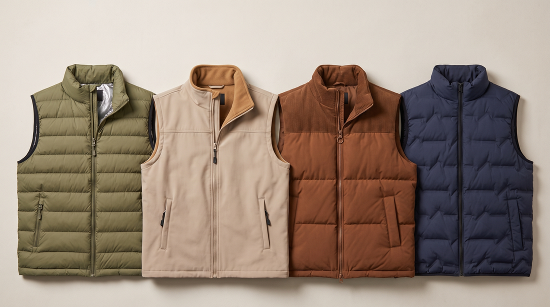 Four men's vests side by side: an olive down puffer, a beige softshell fleece, a brown corduroy yoke puffer and a navy duck down vest