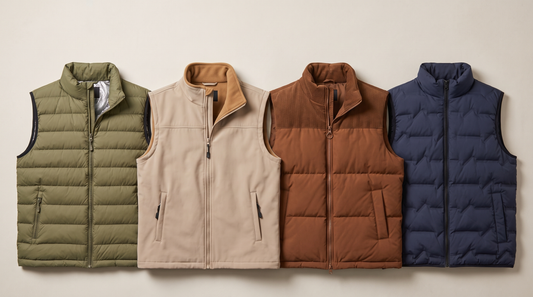 Four men's vests side by side: an olive down puffer, a beige softshell fleece, a brown corduroy yoke puffer and a navy duck down vest