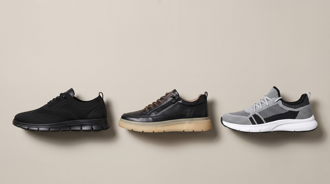 Three Adam and Westcott men's sneakers lined up on a warm neutral background