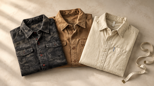 Three folded Adam & Westcott button-up shirts beside a tailor's measuring tape
