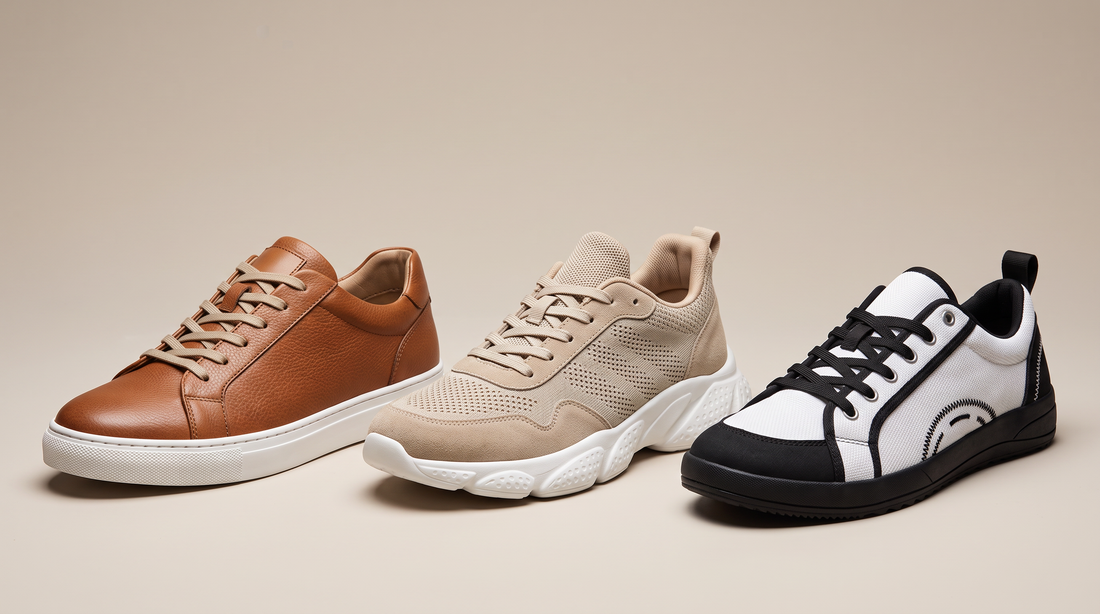 Three Adam & Westcott men's sneakers side by side: a brown leather low top, a beige knit trainer and a white and black mesh sneaker