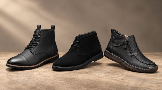 Three Adam & Westcott men's leather boots on a stone surface