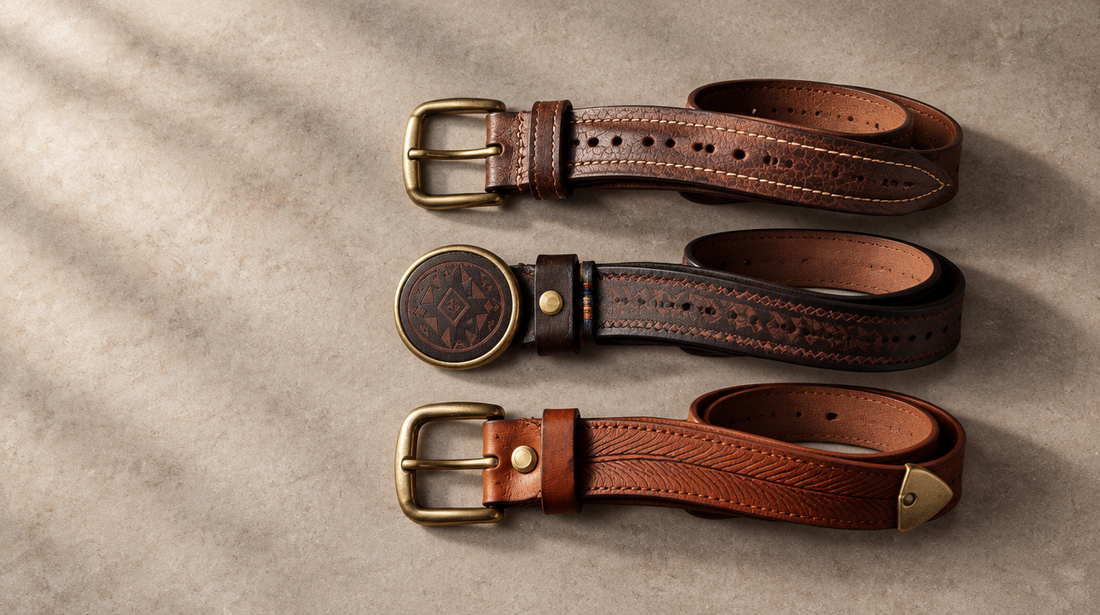 Three Adam & Westcott leather belts laid flat with brass buckles and punched holes visible