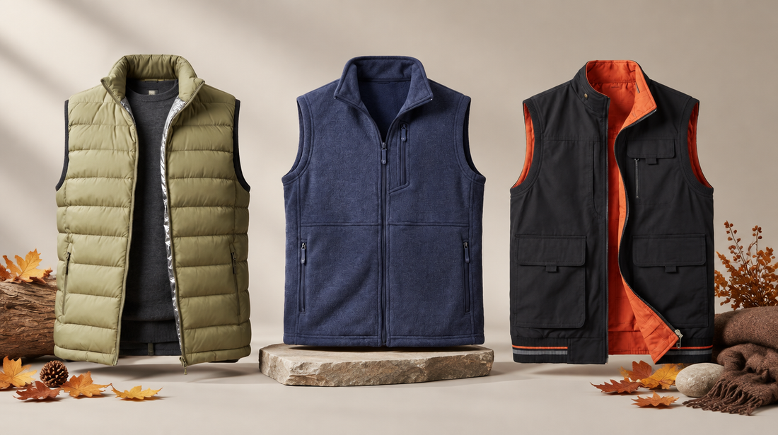 Adam and Westcott packable down vest, heather fleece vest and multi-pocket cargo vest displayed together