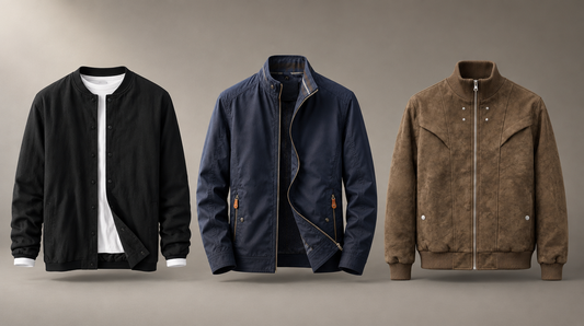 Three Adam & Westcott jackets shown side by side for a men's jacket sizing guide