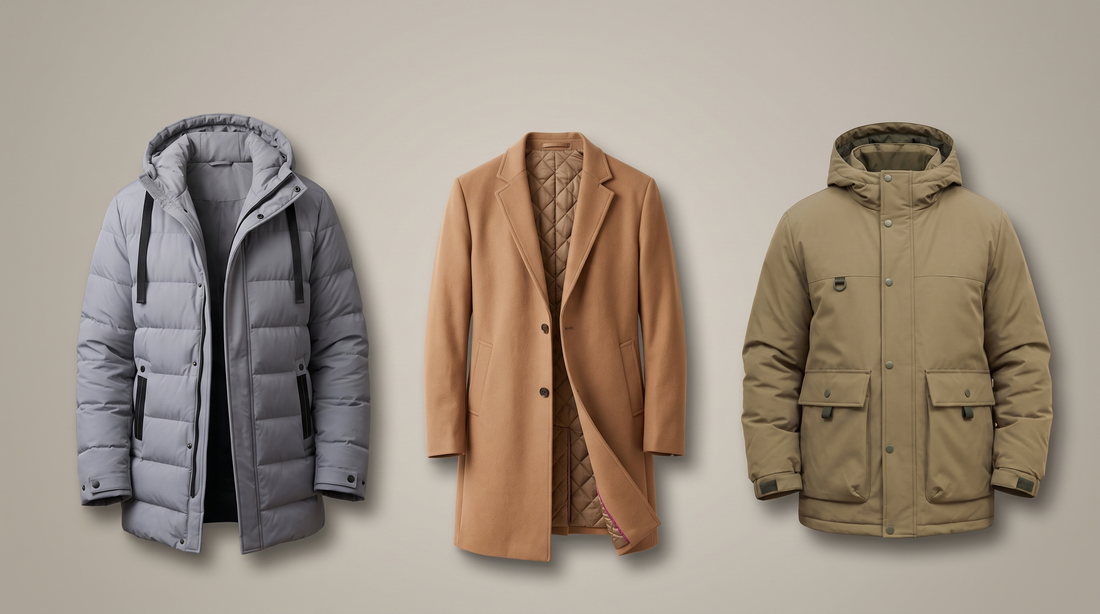 Three Adam & Westcott winter coats side by side: a grey long puffer coat, a tan quilted lining overcoat and a khaki snap front parka