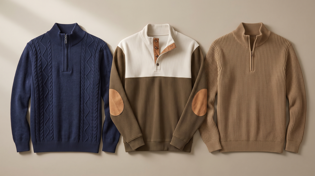 Three Adam & Westcott men's sweaters laid flat: a navy cable panel knit, a brown elbow patch pullover and a khaki heavy rib sweater